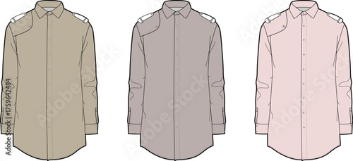 Set of men's long sleeve button-up shirts with shoulder patches, a technical fashion flat vector illustration for apparel design