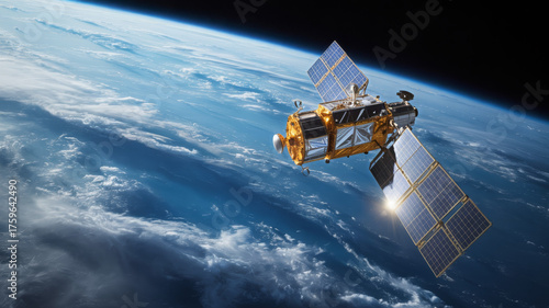 Modern satellite with solar panels orbiting earth satellite