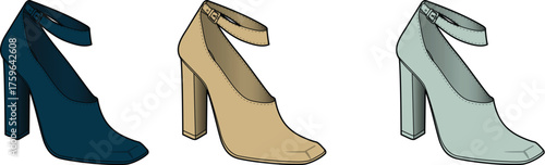 Elegant high-heeled shoes in navy, beige, and light blue, showcasing versatile fashion footwear