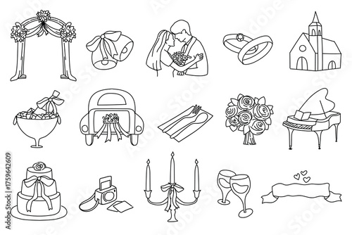 set of icons for invitations wedding party married couples ring doodle vector illustrations line art simple, website business