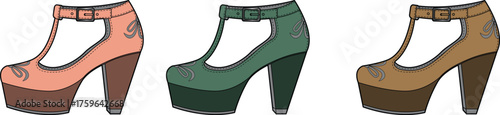 Set of elegant women's T-strap platform high heels in various colors, a fashion illustration showcasing chic and stylish footwear
