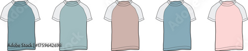 A diverse collection of five blank raglan t-shirts presented in various muted and pastel color combinations, ideal for apparel design mockups, textile pattern showcases, and fashion branding templates