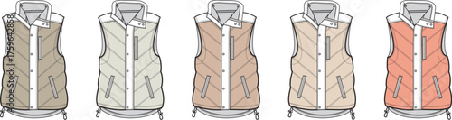 Collection of puffer vest fashion flat templates in various earth tones. Technical sketch of a sleeveless gilet for apparel design and clothing mockups