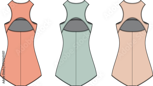 Fashion illustration of three sleeveless tops with cutouts and varying pastel colors on a white background