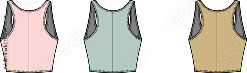 Three different colored crop tops with straps displayed on a white background