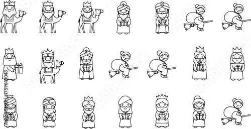 Outline Christmas Wise Men  Befana vector set. Cartoon Magi on camels, kings with gifts,  witches flying on brooms with presents for holiday designs.