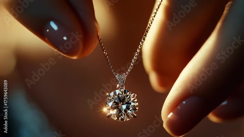Close-up of woman's hands holding brilliant diamond pendant necklace