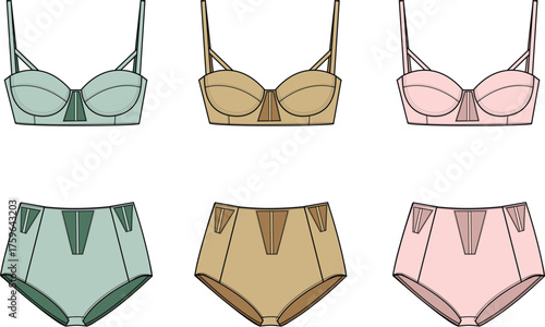 Fashionable lingerie set for women featuring bra and high-waisted briefs in elegant colors and designs