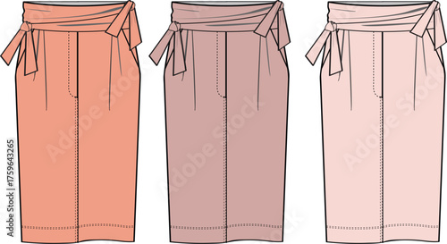 Vector fashion flat technical sketch of a woman's high-waisted midi skirt with a tie belt, shown in three different color variations for apparel design and clothing mockups