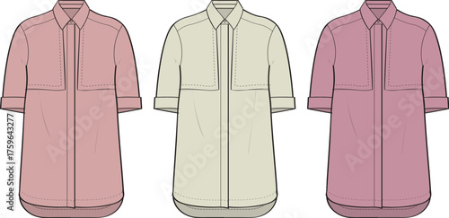 Flat technical drawing collection of women's button-up shirts with rolled sleeves and chest pockets, ideal for fashion apparel design and production outlines