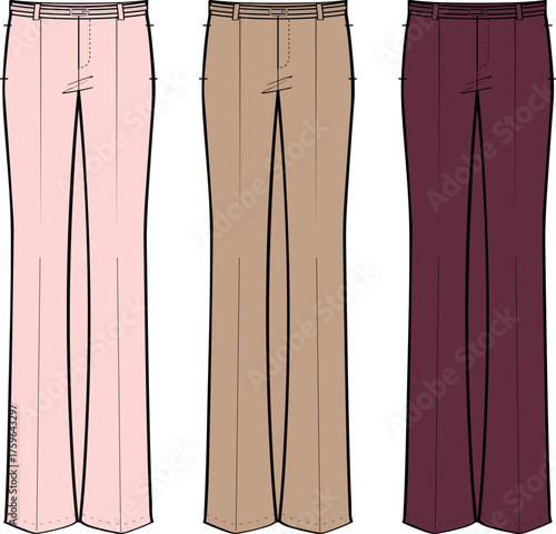 Women's pants fashion flat technical drawing template set. Classic trousers collection in pink, tan, and burgundy