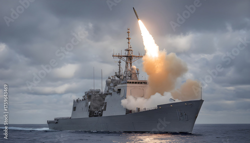 Gray naval frigate launching surface-to-air missile with bright orange flame and gray smoke trail,  weapons test