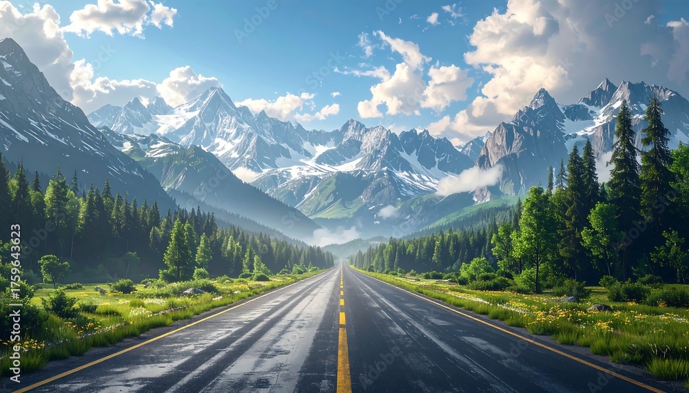 Fototapeta premium A vast highway stretching to snow-capped mountains under a blue sky