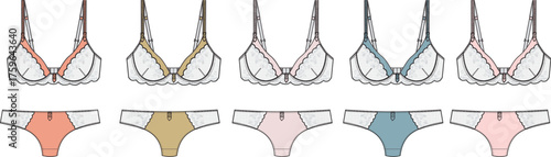 Technical fashion flat sketch of a women's lingerie set, showing a sheer underwire bra and panties in multiple color variations