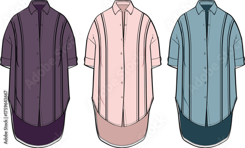 Set of three oversized button-down tunic shirts with rolled sleeves. Vector fashion flat sketch illustration of a modern, relaxed fit shirtdress for women's apparel design