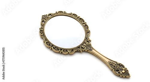 A retro handheld mirror with ornate frame, on clean background