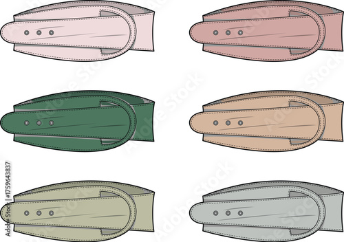 Collection of six different colored fabric collars with buckles, rendered in a flat design style for accessories