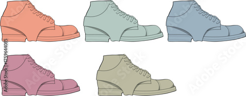 A colorful set of five stylish lace-up ankle boots in various pastel shades, presented as a vector illustration for fashion concepts
