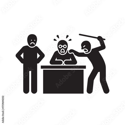 Two Angry Authority Figures Interrogating and Scolding a Scared Person. Bullying, Pressure, and Intimidation at Work or School Pictogram.
