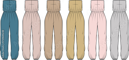 Women's strapless jumpsuit technical fashion flat sketch set. Apparel design template with smocked bust and jogger ankles in multiple colorways