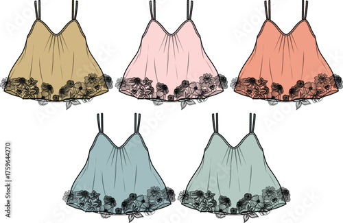 Fashion flats of women's delicate camisole tops with intricate lace trim, presented in a diverse palette of soft, appealing colors for apparel design and textile development