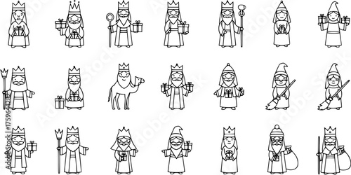 Cute line art cartoon icons of Three Wise Men (Magi) and Befana (Christmas witch), depicted with gifts, staffs, brooms, and a camel for Epiphany and holiday celebrations.