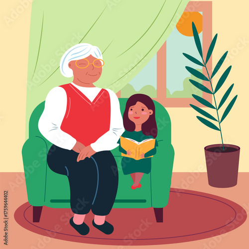 A grandmother and her granddaughter are sitting on the sofa reading a book. A hand-drawn family evening.