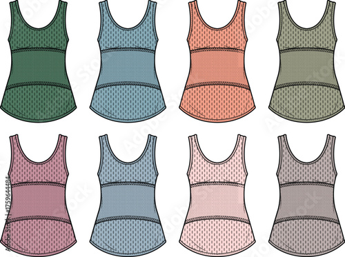 Vibrant collection of eight women's sleeveless tops in diverse colors and textured patterns, presented as vector illustrations ideal for fashion design, apparel resources, and clothing catalogs