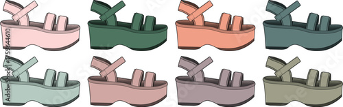 Various styles of platform sandals in a palette of soft, pastel colors