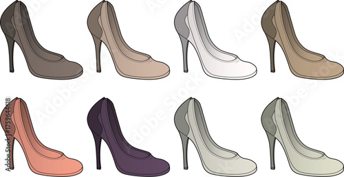Collection of Elegant High-Heeled Shoes in Various Neutral Colors Fashion Design Concept