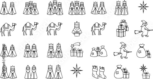 Three Kings Day, Epiphany  Nativity vector icons. Set of Wise Men, camels, Star of Bethlehem, gifts, and Befana symbols for Christian holiday and festive celebrations.