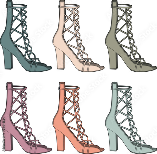 A stylish collection of colorful lace-up gladiator high-heeled sandals in various pastel shades. Vector fashion illustration set