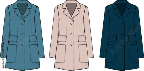 Elegant women's trench coat collection illustration, featuring classic tailored designs in versatile blue, beige, and navy colors, perfect for fashion design concepts and apparel mockups