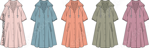A vibrant collection of short-sleeved hooded raincoats displayed in a palette of five soft, muted colors, perfect for spring and autumn weather protection, offering versatile apparel design concepts
