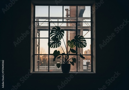 Silhouette of a Monstera plant in a window with metal grilles and a soft outdoor light