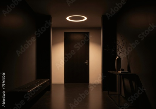 Dark and moody hallway with a modern round ceiling light illuminating a closed wooden door