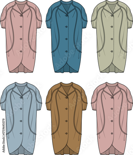 Vector art of six women's short-sleeved tunic dresses, in varied colors, ideal for uniform, workwear, or fashion design concepts, showcasing timeless, adaptable apparel styles