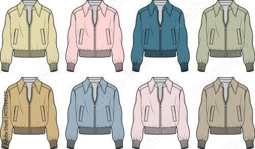 Diverse collection of classic bomber jacket flat illustrations in various colors, perfect for apparel design, fashion mockups, and trend forecasting, highlighting essential outerwear versatility