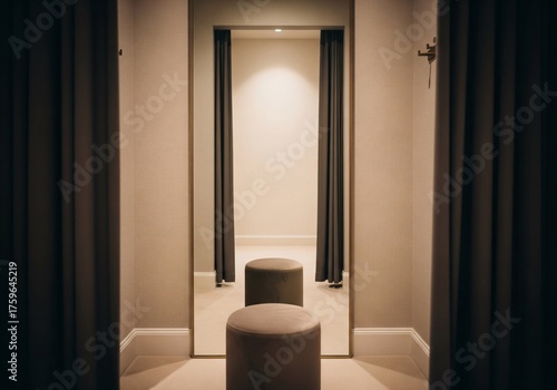 Symmetrical view inside a luxurious clothing store fitting room with a mirror and ottoman