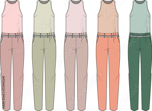 Flat fashion illustration of various women's jumpsuits in different colors and styles