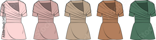 A colorful collection of women's short-sleeved wrap dresses with pleated detailing. Fashion design template and technical flat sketch set