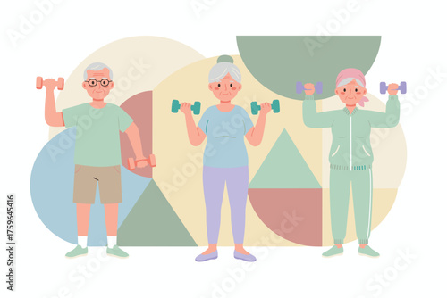 Happy seniors exercising with dumbbells promoting health fitness and an active lifestyle