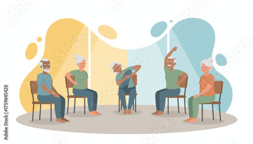 Happy diverse senior adults doing chair exercises in a group promoting healthy aging and wellness