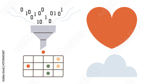 Binary code passes through a funnel into a grid, accompanied by a heart and cloud shapes. Ideal for data analysis, AI, technology, love for tech, cloud storage, creativity and innovation. Simple