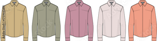 Collection of five long-sleeved button-up shirts in various muted colors beige, sage green, dusty rose, pale pink, and peach