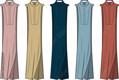 Set of sleeveless collared maxi dresses in various colors. Technical fashion flat illustration showing elegant and versatile long dress designs for apparel