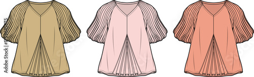Vector illustration set of a women's pleated V-neck blouse with voluminous puff sleeves, a technical fashion flat sketch for apparel design and clothing mockups