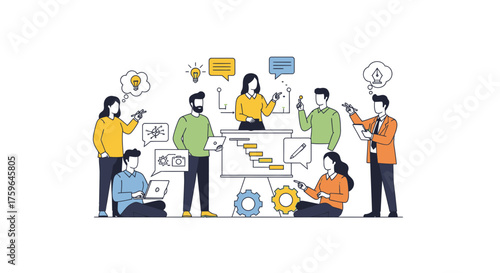 Dynamic team brainstorming innovative project ideas, collaborating for success, and strategizing with a modern timeline for a vibrant, productive future