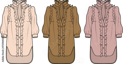 Set of three stylish women's blouses in various earth-toned colors with ruffled detailing