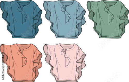 Vector illustration set of a women's blouse with flutter sleeves and ruffles, fashion flat technical drawing for apparel mockups and design